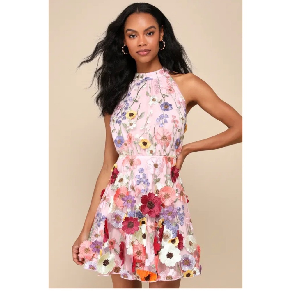 Lulus Floral Embroidered Mini Dress Womens Medium Pink Halter 3D Flower Coquette